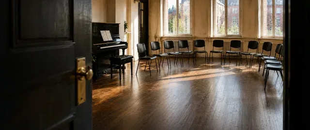 Empty singing classroom with chairs in a circle, an upright piano and sunlight through tall windows